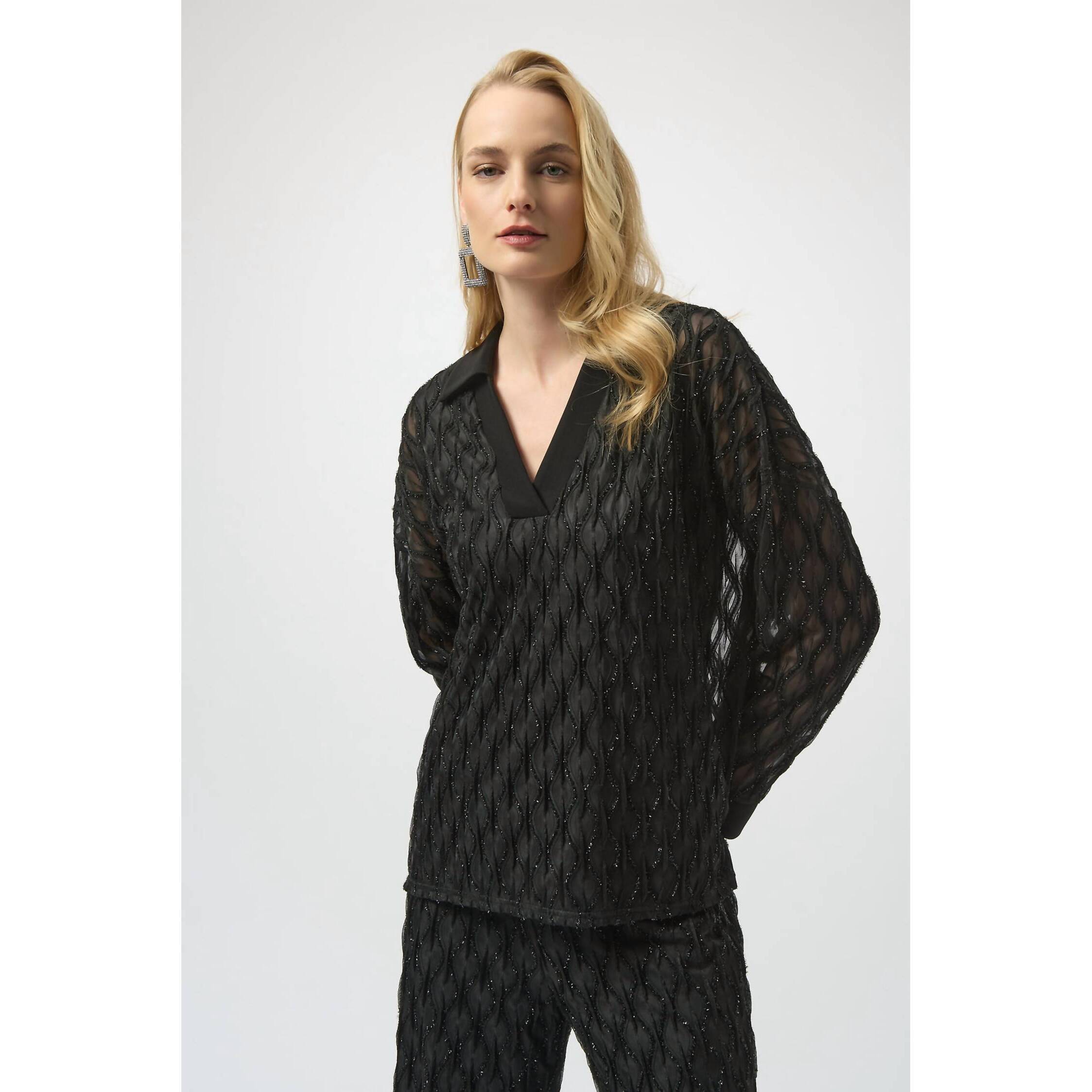 New Joseph Ribkoff Collar V Neck Long Sleeve Shimmer Mesh Top In Black